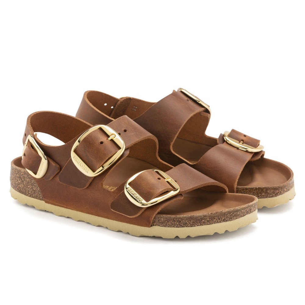 Birkenstock Brown Leather Sandals with Gold Buckles